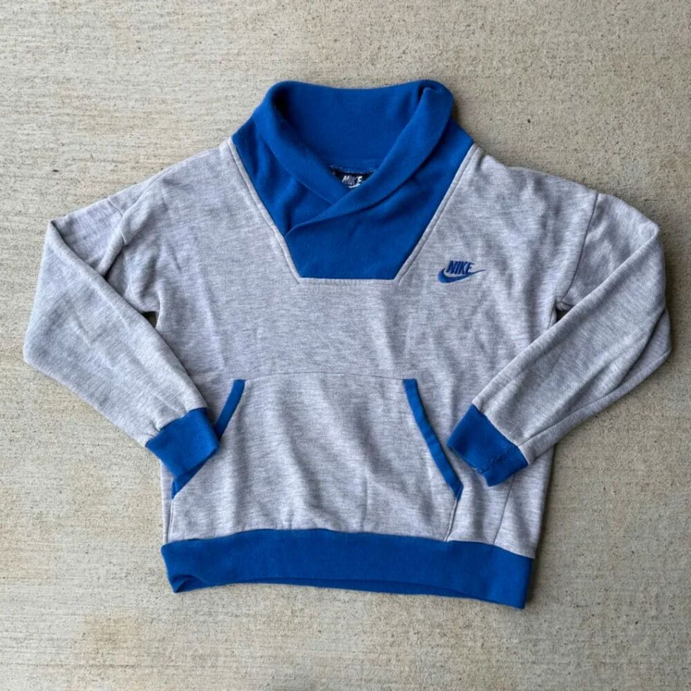 Vintage 80s Nike Blue Tag Shawl Collar Sweater Grey Royal Blue Medium